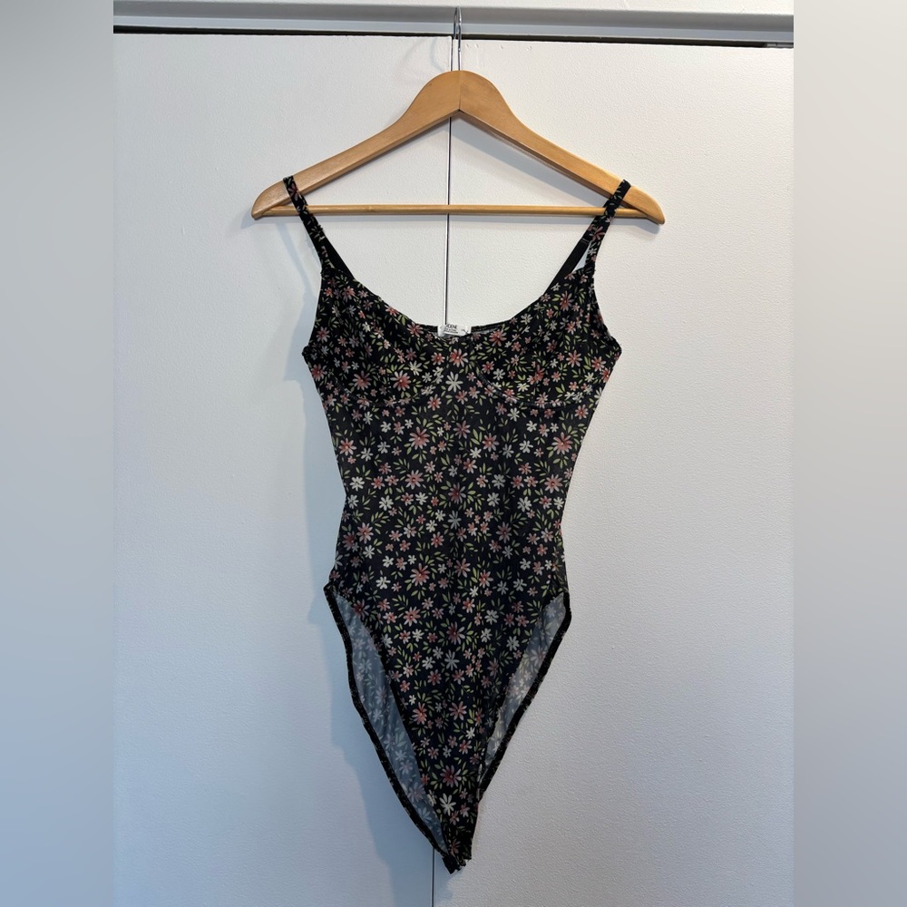 Floral Print Black Women's Bodysuit - Brand Unspecified